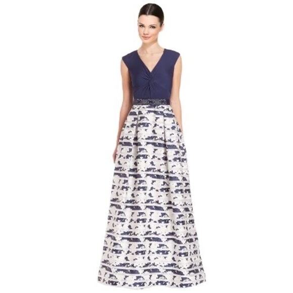 Teri Jon Knot front V-Neck Printed Navy & White Ball evening Gown dress size 2 - Picture 1 of 13